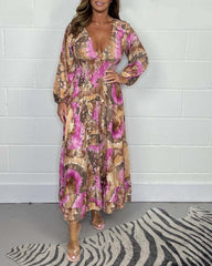 Élodie™ | Lang Farverig Kjole med Dybt V-udskæring