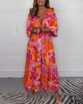 Élodie™ | Lang Farverig Kjole med Dybt V-udskæring