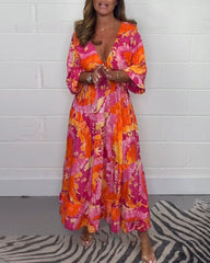 Élodie™ | Lang Farverig Kjole med Dybt V-udskæring