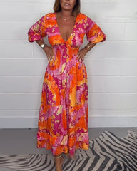 Élodie™ | Lang Farverig Kjole med Dybt V-udskæring