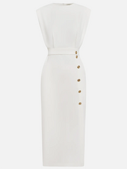 Malene™ | Ensfarvet midi-kjole med knapspalt og rund halsudskæring