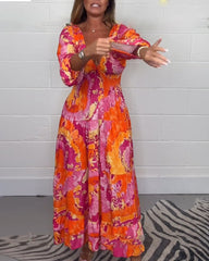 Élodie™ | Lang Farverig Kjole med Dybt V-udskæring