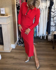 Grethe™ | Elegant ensfarvet kjole med slids